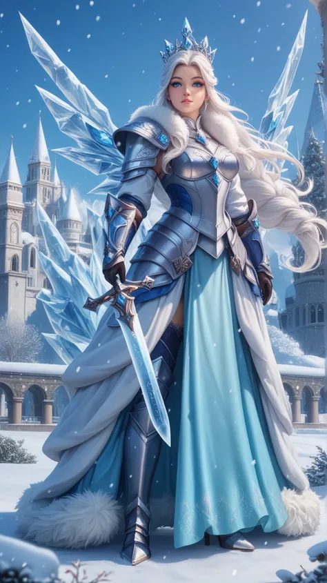  better quality , fantasy,  cinematic image ,  detailed image,  Detailed body ,  detailed face ,  detailed beautiful blue eyes, very long fluffy white hair , long fluffy eyelashes,  pretty girl ,  paladin knight , full knight armor ,  holds an icy two-hand...