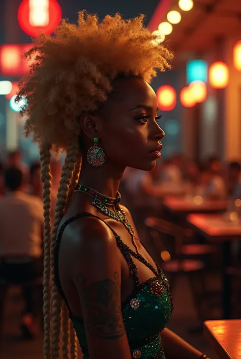 Femme creole aux cheveux longs blonde afro makeup colored paillettes and shiny strass. Ultra-detailed, realistic, photorealistic Cinematic, photorealistic, Realism,  city-and-people-night-HQKVQEm {x} body shoes walking in the restaurant looking at {x} woma...