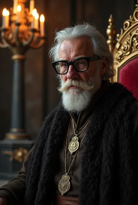 a stern, clean shaven, 60 year old man with very bushy white eyebrows, raising one eyebrow, wearing thick black glasses, grey, wearing middle ages clothing. standing by his golden throne in a dark cave lit only by an oversized chandelier. 