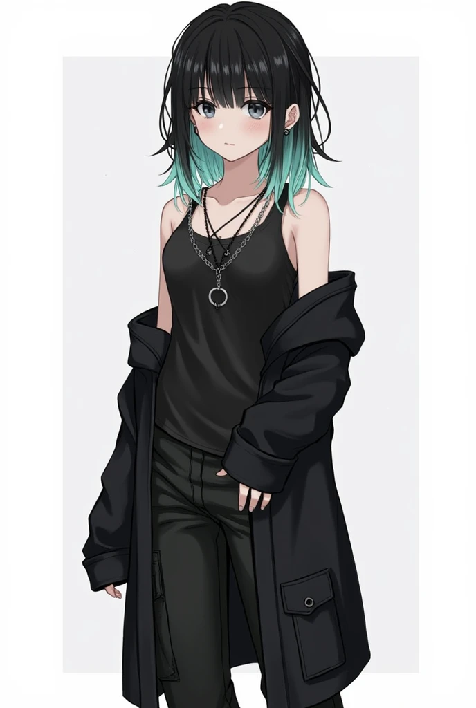 Girl, black hair, some strands of mint color on top of black hair, the lower part is loose and hangs over the shoulders to the waist, cascade hairstyle waist-length, black eyes, a pendant in the form of a ring on a chain hangs around her neck, on the left ...