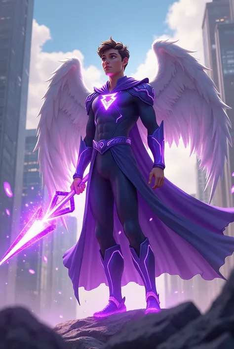 make me a superhero with purple clothes and white wings, a purple arrow weapon made of crystal, and superhero pants crystal,a boy,teenage boys,with long robe ,16.yo