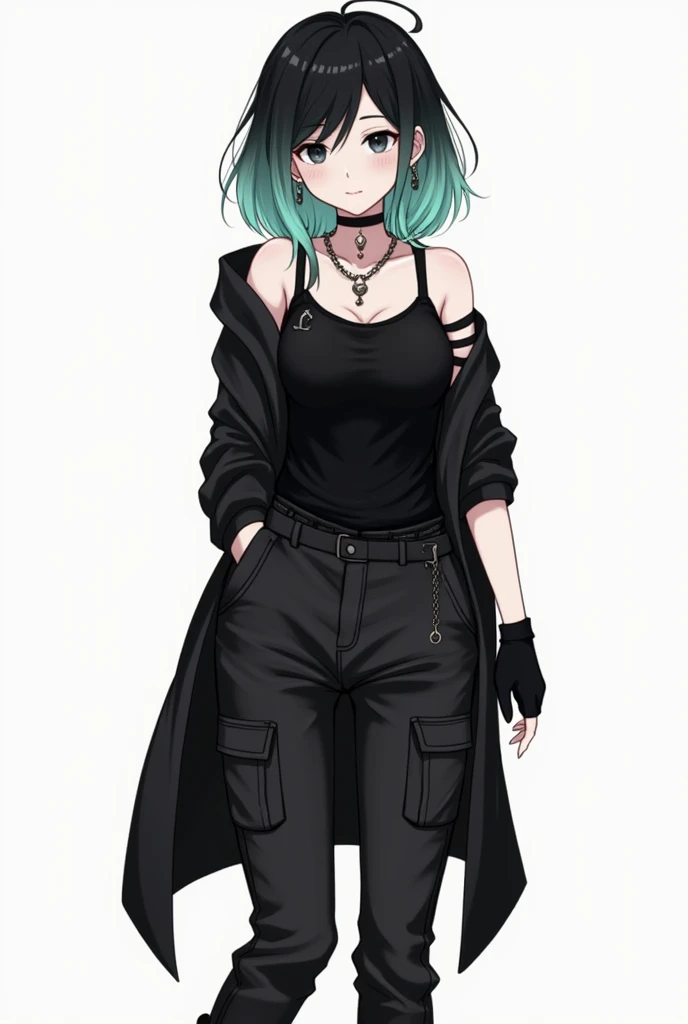 Girl, black hair, some strands of mint color on top of black hair, the lower part is loose and hangs over the shoulders to the waist, cascade hairstyle waist-length, black eyes, a pendant in the form of a ring on a chain hangs around her neck, on the left ...