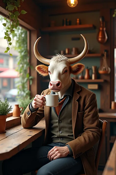 Make a cow-headed man drink coffee in a Java cottage stall