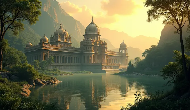 A highly detailed and realistic illustration of an ancient Indian kingdom surrounded by lush, verdant greenery, (best quality,4k,8k,highres,masterpiece:1.2),ultra-detailed,(realistic,photorealistic,photo-realistic:1.37),intricate palace architecture, grand...