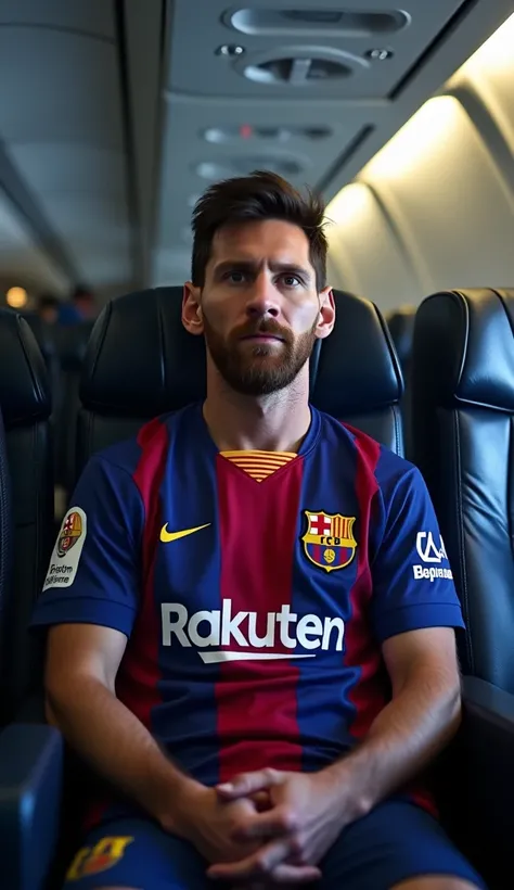 Messi is wearing a Barcelona jersey and he is sitting on a passenger plane