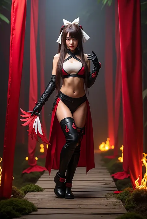 Beautiful Asian woman, 18 years.

A woman cosplaying as a warrior-inspired character poses in a dynamic setting with red and black elements. She has long, dark brown hair styled in a high ponytail with a white bow. She wears black and red gloves, thigh-hig...