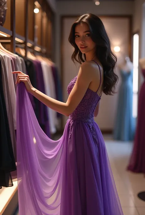 Young woman wearing purple color sexy frock and chosing dresses in fashion shop (show the fullbody of woman)