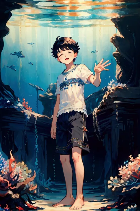 (High quality), (masterpiece), high resolution, HD, juvenile, (boy:1.5), male, frill, black shorts, blue short hair, closed eyes