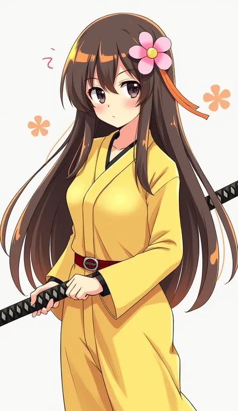 skin color:  light yellow 
Color two eyes :  black and white 
Hair :  long 
Hair color :  brown with orange tips ,  and a pink flower on the head 
Roupa: a yellow jumpsuit 
Shy and cold weapon : Katana
Personality :  
Skills : strength 