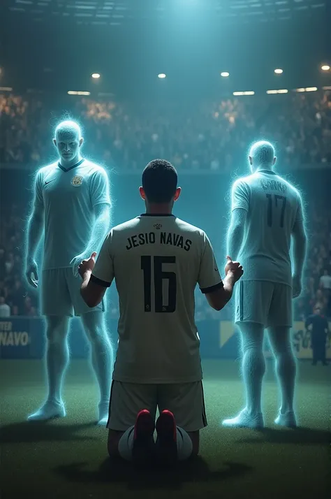 Make me an image of Jesús Navas kneeling before his fans holding hands with kings and Antonio Puerta turned into ghosts