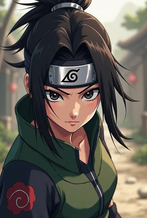  Create a ninja girl from the world of Naruto , with her drawing style ,  that he has dark brown hair , your eyes are black and have the band on your forehead and have some semitransparent lenses