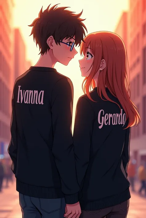 Anime of a couple looking straight ahead, woman in a black sweater with the name Ivanna printed on it and a man in glasses with a black sweater with the name Gerardo printed on it