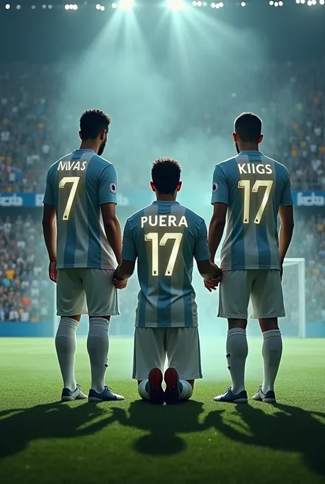 Make me an image of Jesús Navas kneeling before his fans holding hands with kings and Antonio Puerta and having their names put on the t-shirts turned into ghosts 