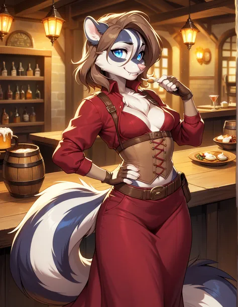 1girl, tail, furry, animal_ears,glowing blue_eyes, brown_hair, belt, looking_at_viewer, furry_female, gloves, skunk_tail, sad smile, skunk_ears, fingerless_gloves, hair_between_eyes,long skirt, hand_on_hip, snout, breasts, pouch, brown_gloves, cream white ...