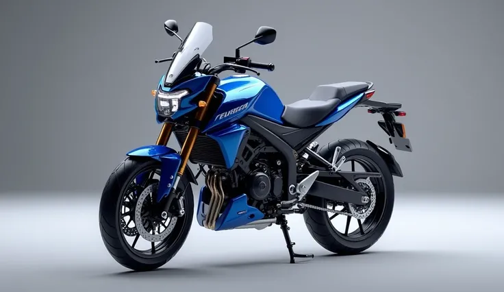 Generate a high-resolution, fully realistic image of a ( 2025 Yamaha tenere 700: ) in ( blue ) , with a sleek and modern exterior, futuristic wheels, and a shimmering body color, displayed in a luxurious showroom.The image should be highly detailed and rea...