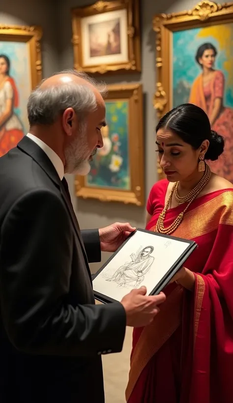 "A middle-aged shopkeeper in a formal suit carefully examines a notebook with Pablo Picassos abstract sketch. He gestures towards the 30-year-old woman in a red sari with a golden border, explaining its worth. Behind them, colorful and luxurious framed pai...