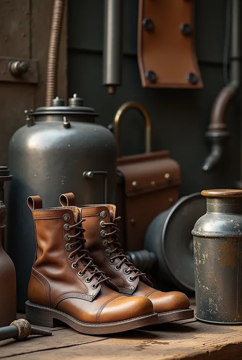 realistic, only equipment, metallic, iron, leather, boots, light. 