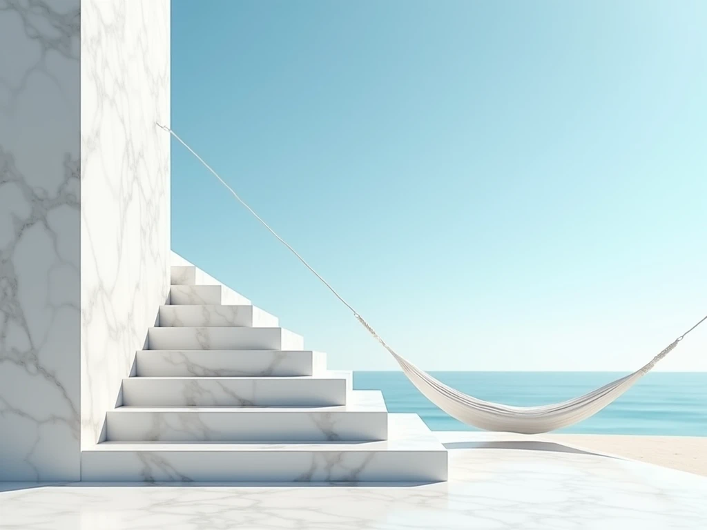  white marble staircase with ten steps that ends in a white beach and a blue spring sky, and on the seashore a white hammock 