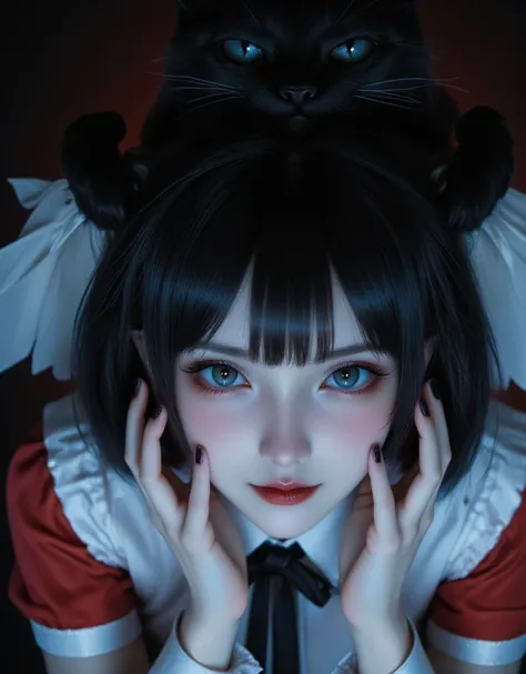 1 girl, black short bob hair, blunt bangs, black lipstick, heavy eyes makeup, heavy eye shadow, She put her hands on her cheeks, black nail, (white blouse), black ribbon tie, creepy smile, black cat sitting on her head, upper body, Realistic