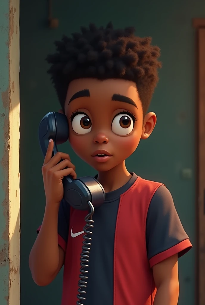 A poor 16-year-old black boy with short hair in a red and dark blue soccer jersey answers the phone with his push-button telephone 