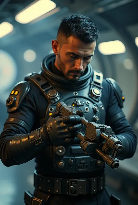 masterpiece, spaceship mechanic with futuristic tool in his hands. Hands and face dirty from oil. Wearing futuristic space suit. Background bokeh spaceship interior. Buzzcut darkhair. He is 35 years old. 