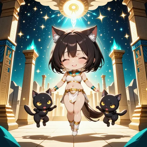 Chibi Bastet girl, tan skin, dark brown bob hair, sleek and proportional cat ears, slender cat tail, sparkling gold eyes, white-gold Egyptian outfit, joyful dancing pose. Two playful black cats accompany her, slender tails. Background: ancient Egyptian mys...