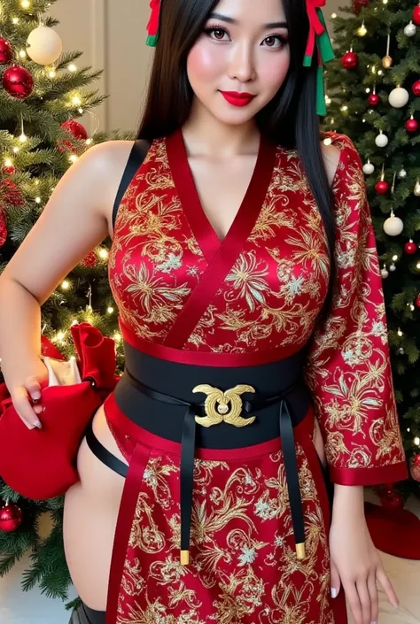 The female samurai character wears a form-fitting, she is wearing samurai shoulder pads, crimson kimono adorned with intricate gold and silver embroidery, depicting traditional Japanese motifs interwoven with festive patterns. Her obi is tied with a striki...