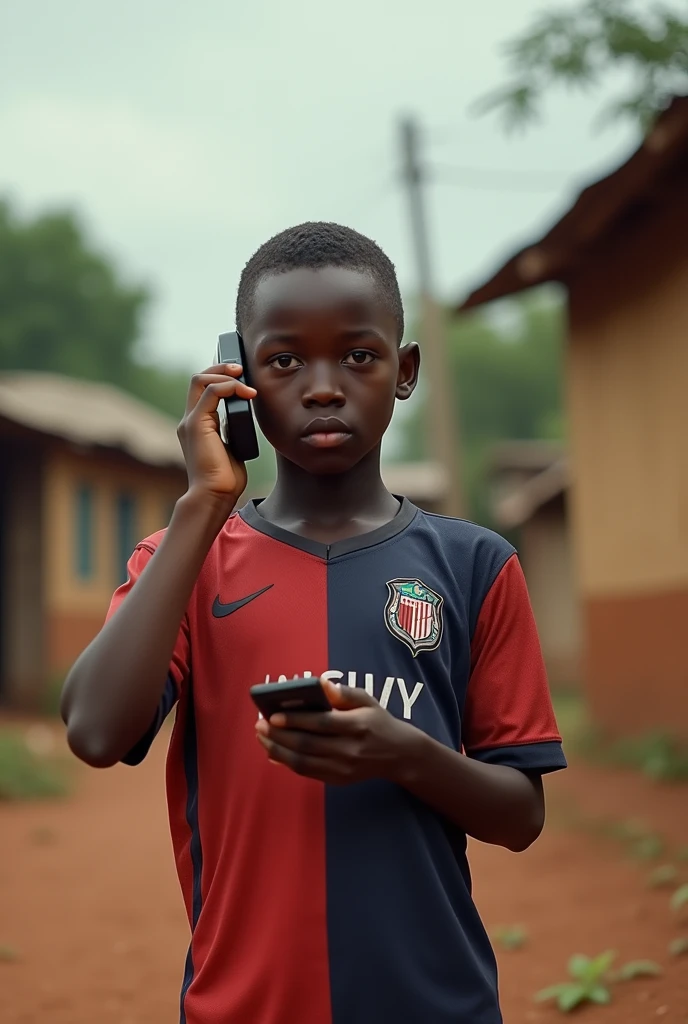 A poor 16-year-old black boy with short hair in a red and dark blue soccer jersey answers the phone with his touch phone in his village. 