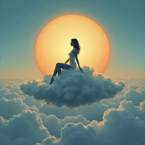 A mesmerizing conceptual art piece captures a womans silhouette seated majestically atop a floating cloud, as if shes conquering the sky. The sun sets behind her, casting a golden light that highlights her captivating silhouette. Her curves are accentuated...