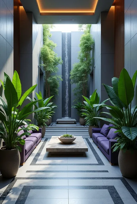 The foyer opened into a large room. Large square tiles, gray with the familiar geometric border, lined the floor and climbed the walls. Green, blue, and dark purple plants grew here and there in ornate pots. At the far wall, a long slit spilled water acros...