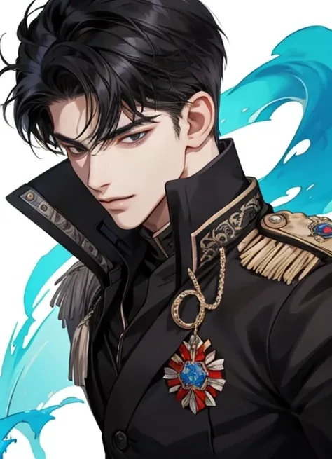 The Grand Duke of the North, 18 years old man, A man, short jet black hair, black eyes, black shirt, close up look.