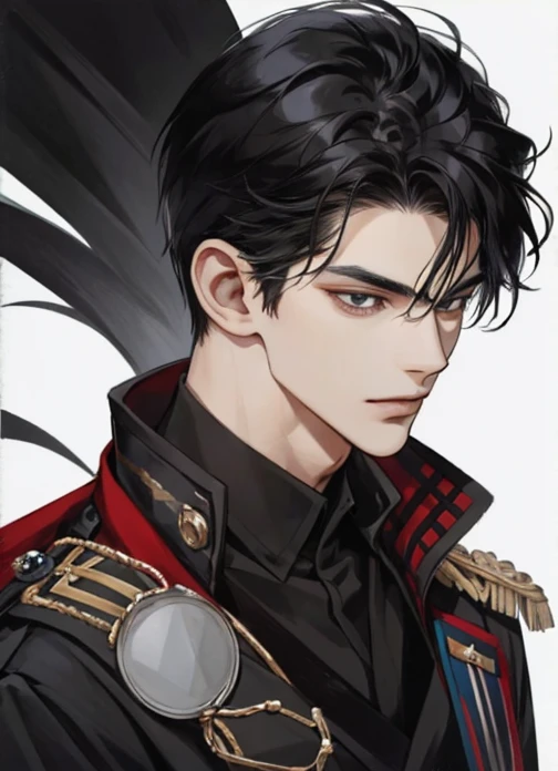 The Grand Duke of the North, 18 years old man, A man, short jet black hair, black eyes, black shirt, close up look.