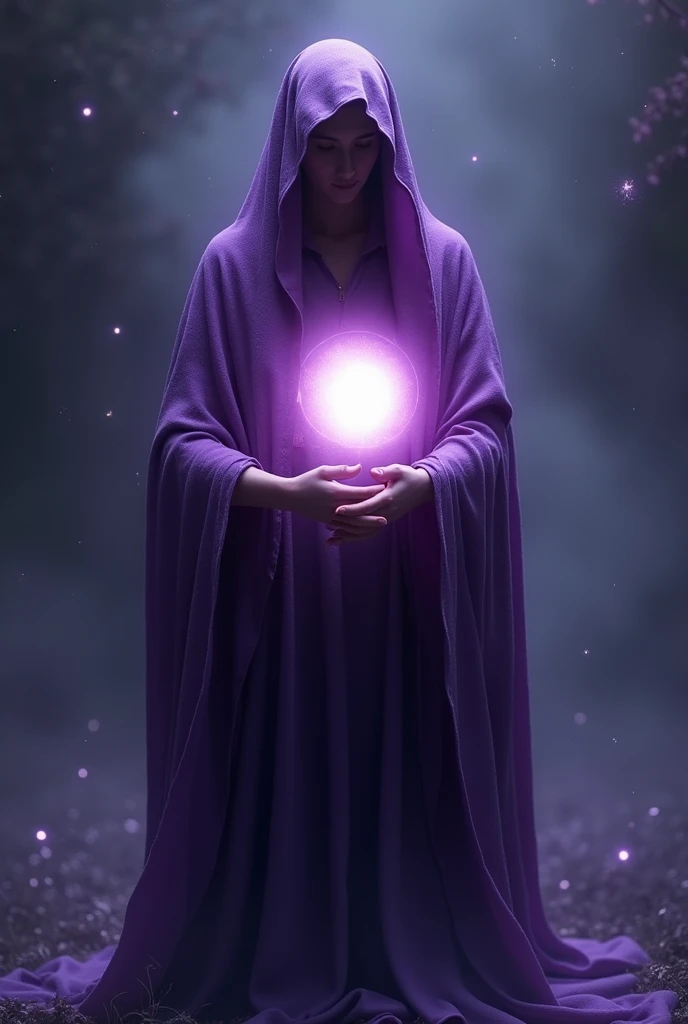 A ball with an infinite light inside a human body dressed in a purple robe 