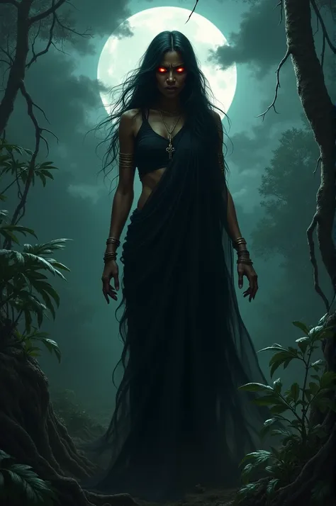 One Indian woman wearing black saree terrible witch red eyes angry face in jungle at night 