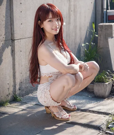  top quality,  very detailed with crimson hair,  high definition ,  Big Breasts, E Cup,  Dynamic squatting pose with legs spread in an  , sight,  Yoshioka Riho ,  character portrait,  high detail, masterpiece, textured skin, random gravure poses,top qualit...