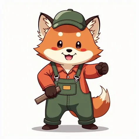 Furry、Red panda beastman、 walking on two legs、Work clothes、work hat、no background、Avatar、Front face、 high definition , 最 High Quality ,  High Quality , Brown Hair,  close your mouth, Grin, Setting diagram,  anime style, 