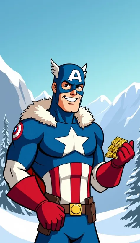 featuring a superhero character captan america in a snowy landscape. The character is wearing a blue, red, and white costume with a prominent star on the chest and a blue helmet with a white A on the forehead. The costume includes red gloves and a fur-line...