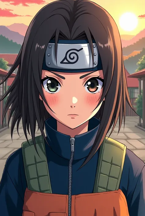  Create a ninja girl from the world of Naruto , with her drawing style ,  that he has dark brown hair , with lenses over your black eyes and have the band on your forehead