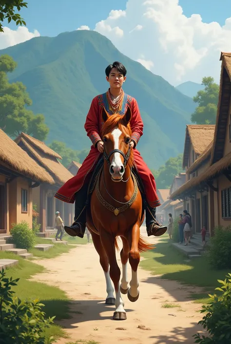 A young Hmong ethnic man riding through a village on horseback