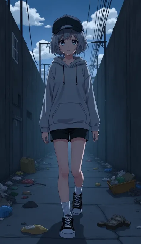 masterpiece,  top quality,  high definition ,  very detailed,((( pretty girl with gray hair who has decided to pose))), ((( Japanese anime ))), ((( cap that corrects my back))), ((( short hair))), ((( grey hoodie))), (((Black shorts))), (((White socks))), ...