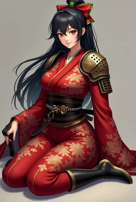 The female samurai character wears a form-fitting, she is wearing samurai shoulder pads, crimson kimono adorned with intricate gold and silver embroidery, lying on the ground, depicting traditional Japanese motifs interwoven with festive patterns. Her obi ...