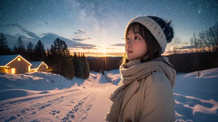 8k, RAW photo, best quality, masterpiece:1.2), (realistic, photo-realistic:1.4), (extremely detailed 8k wallpaper).A beautiful girl standing alone in a quiet snow-covered field under a vast, starry New Year’s Eve sky. She is wearing a cozy white knit sweat...