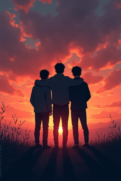 Make a image of 3 teenegers boys they are holding there hand in other friend sholder. The background of image is sunset. The boys look like shadow. And write there name is left friend name is Labib middle friend name is Nuhan and Right side friend name Erf...