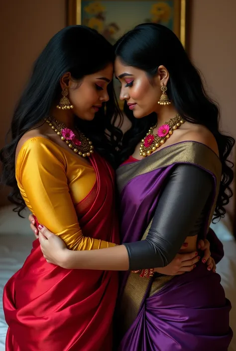 A 27 year old indian busty women wears Red banaras saree with long sleeve yellow glossy blouse and other 27 year old indian busty women wears Violet banaras saree with long sleeve charcoal blouse and Both wears wedding Flower Garlands on theri necks and Bo...