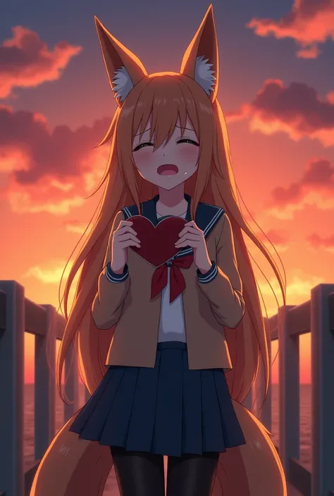 Anime nine-tailed fox woman with Japanese uniform have medium breast. She is looking to camera. She is wearing black leggings. The railing is behind her in sunset. She is crying wail. Her right hand is holding a heart letter