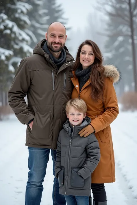  realistic,  best quality ,  German Russian family ,  father 36 years old , white, no hair, Mother 30 ,  have long brown hair ,  son  and light hair ,  portrait outside in the most beautiful snowy weather, all very good-looking 