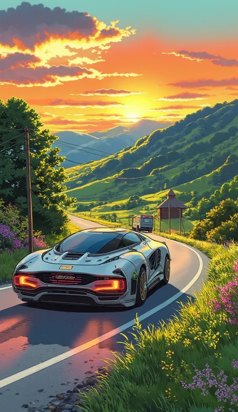 ２２００Drive in a car of the year　 visual impact　Stunning rural views　Akira Toriyama　bus　sunset