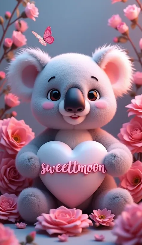 A charming 3D illustration of a stuffed koala with a white heart adorned on its chest with the name "SWEETMOON" in elegant pink script. The vibrant colors of the heart and the flowers surrounding it, including pink roses and sunflowers, butterflies, create...