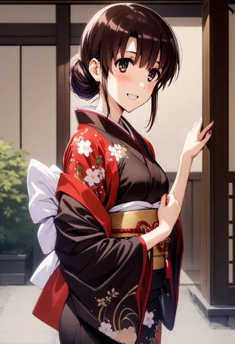 1girl, Megumi Katou, solo,black kimono hair style,flower pattern elegant red furisode,japanese shirine,greeting with cheerful smile,masterpiece, best quality.
