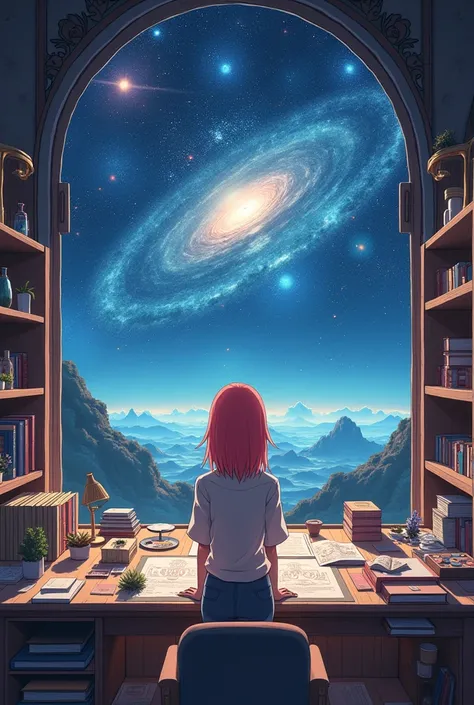 Anime style. The room of everything, overlooking the universe. A chair and A desk beside it holding all the eternal projects. A woman with light red hair stands at the desk looks at the projects. She is the creator of everything. 